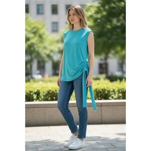 Colleen Lopez Turquoise Side Tie Ruched Sleeveless Knit Top XXS Blue Crew Neck